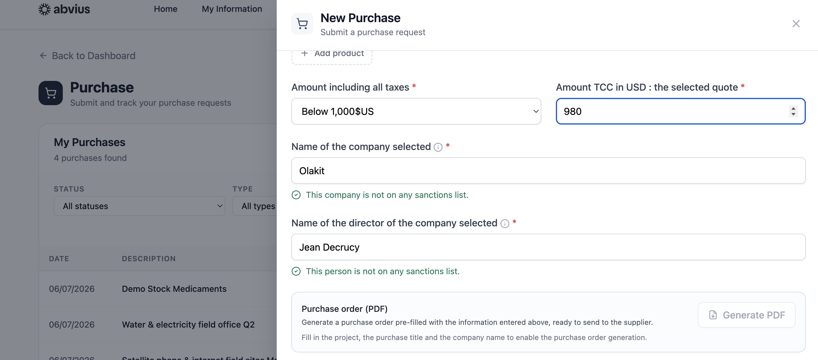 Abvius dashboard showing partner due diligence checks performed automatically